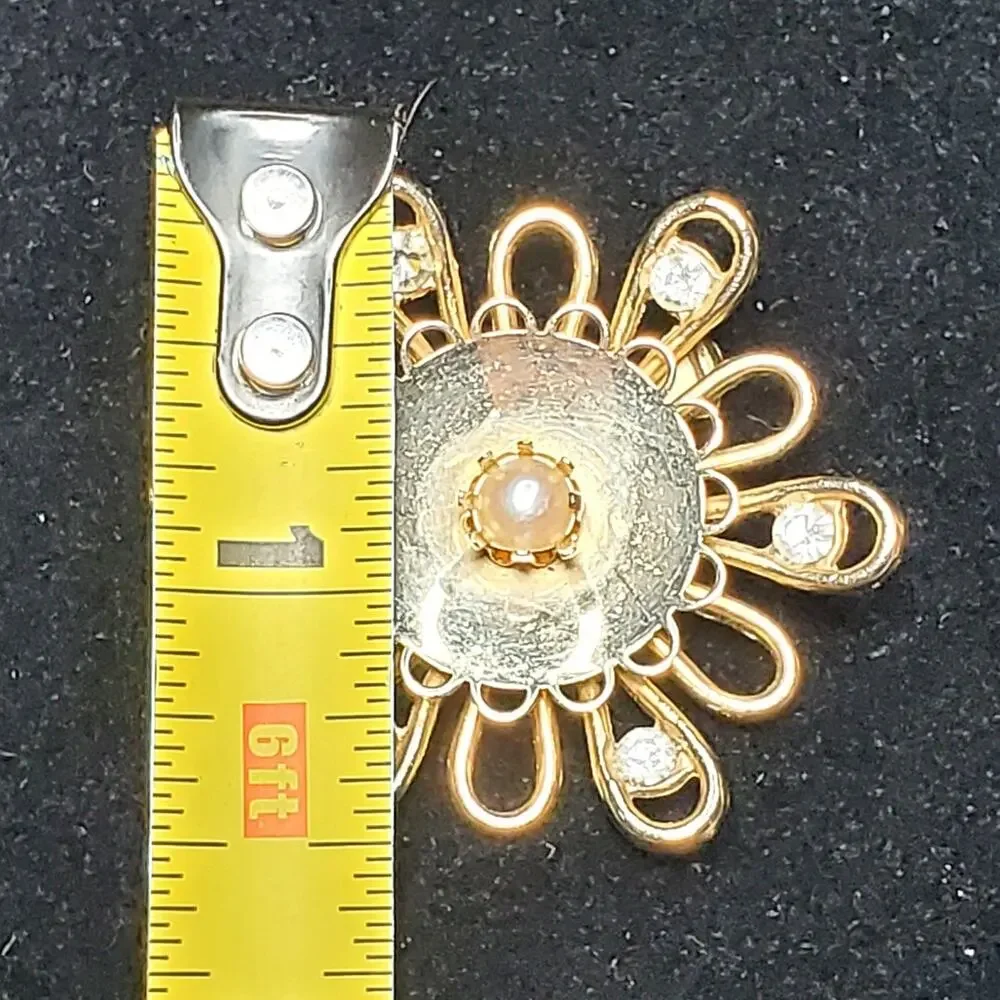 Clear Rhinestone Faux Pearl Gold Tone Vtg Unsigned 1.5